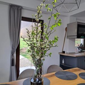 a vase with flowers in it sitting on a table at Casa din livada Borlova in Borlova