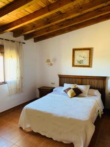 1 dormitorio con 1 cama grande y techo de madera en La Venta, en Purchena