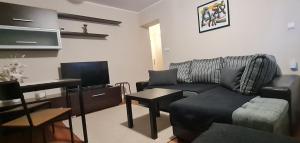 een woonkamer met een bank en een tafel bij Apartman Neli in Delnice