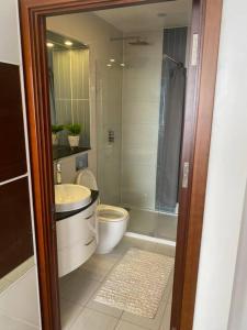 e bagno con servizi igienici, lavandino e doccia. di Luxurious 2 bedroom flat with en-suite bedroom a South Norwood