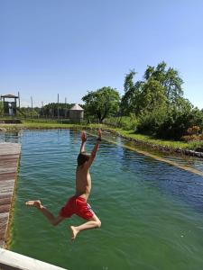 een man springend in een lichaam van water bij Ferienhof Metzler in Bodnegg