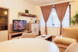 a living room with a couch and a tv at Free parking Downtown Apartment Boutique Green Garden Unirii in Bucharest