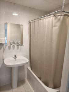 a bathroom with a sink and a shower curtain at HOSTAL ALTO PÁRAMO in Villadangos del Páramo