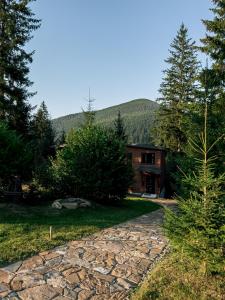 a stone path leading to a house with a mountain at InMount in Tatariv