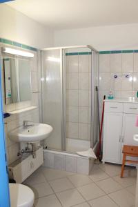 La salle de bains est pourvue d'une douche et d'un lavabo. dans l'établissement Ferienappartement K315 für 2-4 Personen in Strandnähe, à Schönberg in Holstein