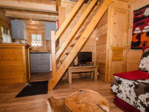 a living room with a tv in a wooden cabin at Chalet Chamonix-Mont-Blanc, 2 pièces, 3 personnes - FR-1-343-215 in Chamonix-Mont-Blanc