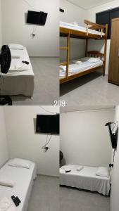 three pictures of a room with two beds and a tv at HOTEL E RESTAURANTE LIMA in Luís Eduardo Magalhães