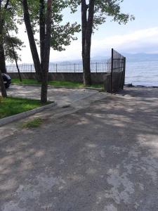 a driveway with a fence and trees next to the water at Nairi in Sevan