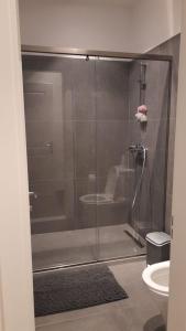 W łazience znajduje się prysznic ze szklanymi drzwiami. w obiekcie Sunset Bay Villa at Gjiri Lalzit Durres w Durrës