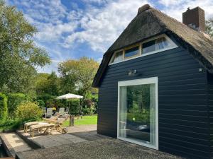 a blue house with a thatched roof and a patio at Oasis Giethoorn in Giethoorn