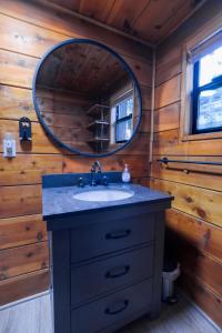 a bathroom with a sink and a mirror at 3 bedroom, 2 bath Sleeps 8 adults Direct Lake Access DLR#041 in Truckee