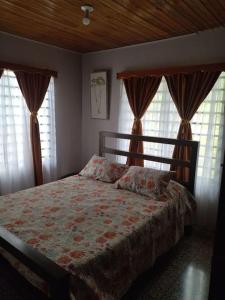a bedroom with a bed with curtains and windows at Casa de campo en Río Cuarto in Río Cuarto