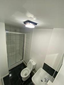 a bathroom with a white toilet and a sink at Oak Lodge in Welling