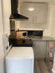 a kitchen with a microwave and a stove top oven at Oak Lodge in Welling