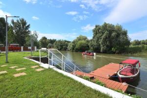 a boat is docked on a river with a dock at Eden Uzlina in Uzlina