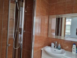 a bathroom with a shower and a sink and a mirror at Stunning 2 Bed/2 Bath Flat in Waterloo, London in London