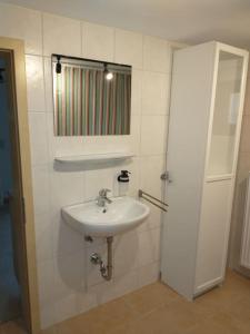 a white bathroom with a sink and a mirror at Schicke hundefreundliche Wohnung in Alsheim