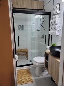 La salle de bains est pourvue d'une douche, de toilettes et d'un lavabo. dans l'établissement Charming Mound Street Retreat, à Baraboo