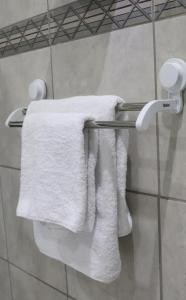 波羅克瓦尼的住宿－De Ellas Boutique Lodge，浴室内带白色毛巾的毛巾架