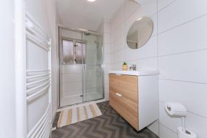 ダブリンにあるCentrally Located & Spacious 4BD House- St Kevin'sのシャワー、洗面台、鏡を備えたバスルーム