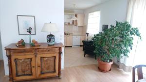 a living room with a table with a lamp and a plant at Apartmani ANDRIJA in Živogošće