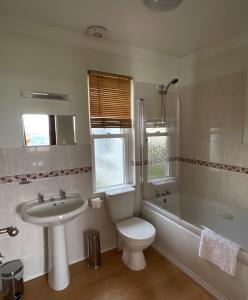 La salle de bains est pourvue de toilettes, d'un lavabo et d'une baignoire. dans l'établissement Bracken Cottage, à Killean