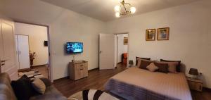 a bedroom with a bed and a couch and a tv at АПАРТАМЕНТ ЮЛИЯ ДЕЛУКС I in Velingrad
