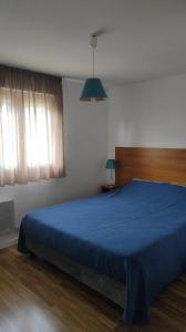 a bedroom with a blue bed with a blue blanket at Villa duplex Soustons plage, in Soustons +14 photos