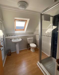 a bathroom with a toilet and a sink and a shower at Buttercup Cottage in Killean