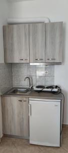 cocina con armarios de madera, fregadero y nevera en Francesca Studios en Potos