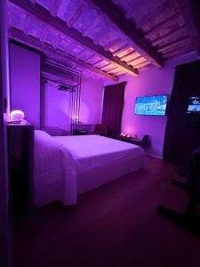 Dormitorio púrpura con cama y TV en URBAN PRIVATE SPA, en Porto SantʼElpidio