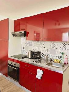 a red kitchen with a sink and red cabinets at Appartement Ensoleillé à 15 minutes de Paris in Vitry-sur-Seine