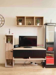Una sala de estar con un televisor de pantalla plana en una pared. en Appartement Ensoleillé à 15 minutes de Paris, en Vitry-sur-Seine