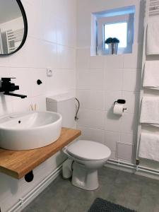 a white bathroom with a sink and a toilet at Zahradní 6 in Velké Pavlovice +47 photos