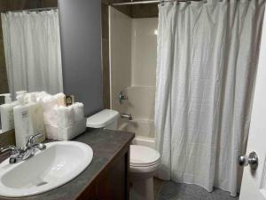 a bathroom with a sink and a toilet and a shower at Spacious, 2-story Family-Friendly home in Calgary