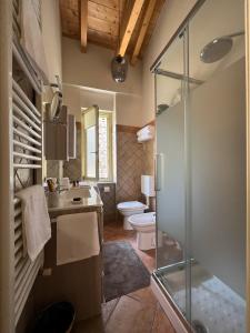 ein Bad mit einer Dusche, einem Waschbecken und einem WC in der Unterkunft S a p p h i r e H o M e - Rivarolo DesignApartment in Rivarolo Canavese