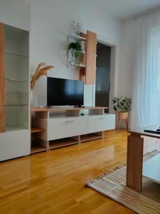 a living room with a flat screen tv on a entertainment center at Apartman Aleksandar in Zvornik