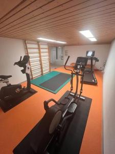 a gym with two exercise bikes and a treadmill at Studio centralissimo a St. Moritz in St. Moritz