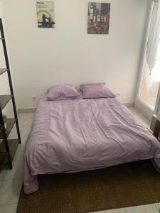 1 cama con edredón morado en un dormitorio en Cosy Appart. aux portes de Paris, en Villejuif