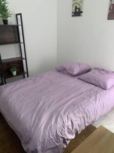 1 cama con edredón púrpura en una habitación en Cosy Appart. aux portes de Paris, en Villejuif