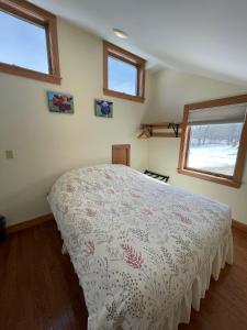 a bedroom with a bed and two windows at Fat Sheep Farm & Cabins in Windsor