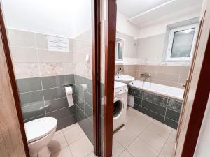 a bathroom with a toilet sink and a washing machine at 3 Apartments in 1 location in Prague +44 photos