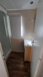 ein kleines Badezimmer mit Waschbecken und Spiegel in der Unterkunft MORREALE MOBILE HOME (prox. Europa park/Rulantica) in Boofzheim