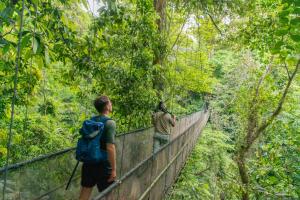 two people on a suspension bridge in the forest at El Remanso Rainforest Lodge in Puerto Jiménez