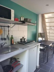 cocina con fregadero y encimera en Petite maison avec jardin entre lac et village, en Hourtin