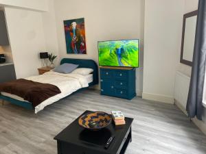 a bedroom with a bed and a flat screen tv at Beautiful Central Woking Studio in Woking