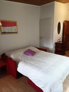a bedroom with a bed with a purple pillow on it at Tenuta PARAVANO in Savorgnano