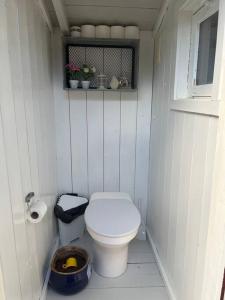 a small white bathroom with a toilet and a window at Familievennlig hytte ved populært badevann! in Sandefjord