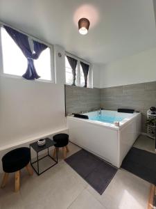 - une grande salle de bains avec baignoire et 2 fenêtres dans l'établissement Studio Cosy spa, à Montmagny