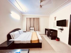sypialnia z łóżkiem i telewizorem z płaskim ekranem w obiekcie Ashoka International Hotel - Karol Bagh New Delhi w Nowym Delhi